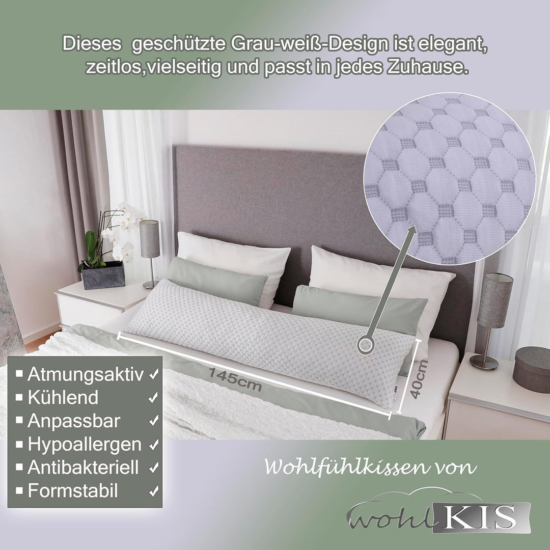 Seitenschläferkissen mit Bezug 40 x 145 cm - kühlendes Schwangerschaftskissen - Stillkissen mit Memo