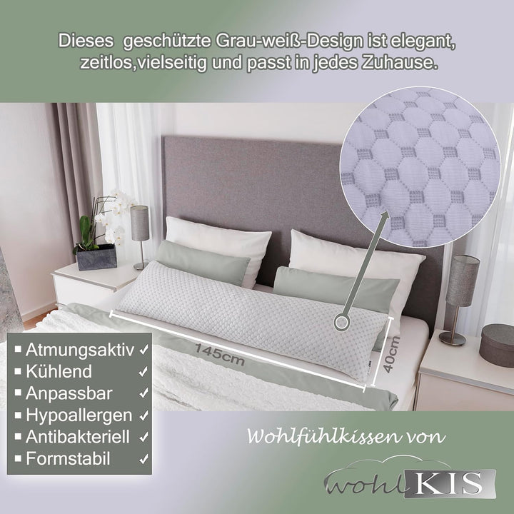 Seitenschläferkissen mit Bezug 40 x 145 cm - kühlendes Schwangerschaftskissen - Stillkissen mit Memo