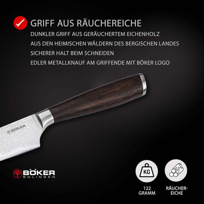 Böker SOLINGEN® Meisterklinge Damast Kochmesser Klein - Profi Küchenmesser mit Holz-Griff aus Räuche