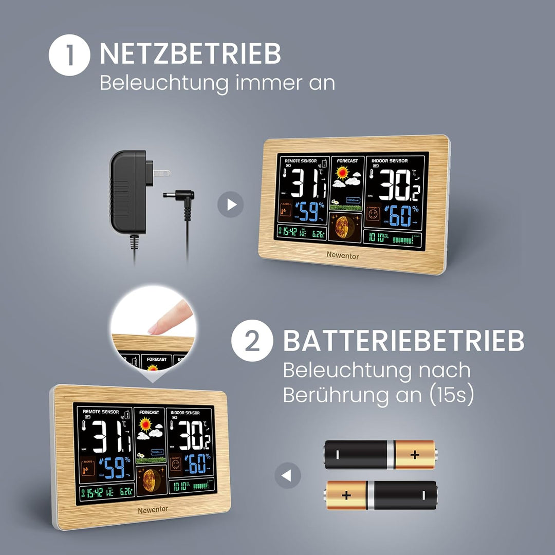 Newentor Wetterstation Funk mit Aussensensor - Funkwetterstation mit Wettervorhersage, Temperaturwar