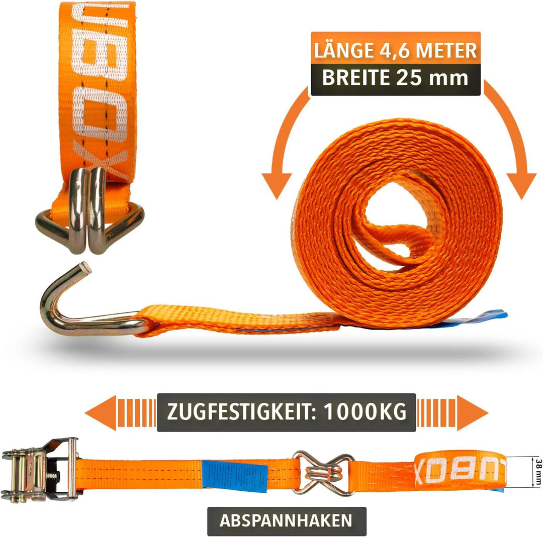 Alubox Spanngurt mit Ratsche und J-Haken 38mm breit orange Belastbarkeit 1000kg Ratschengurt TÜV G/S