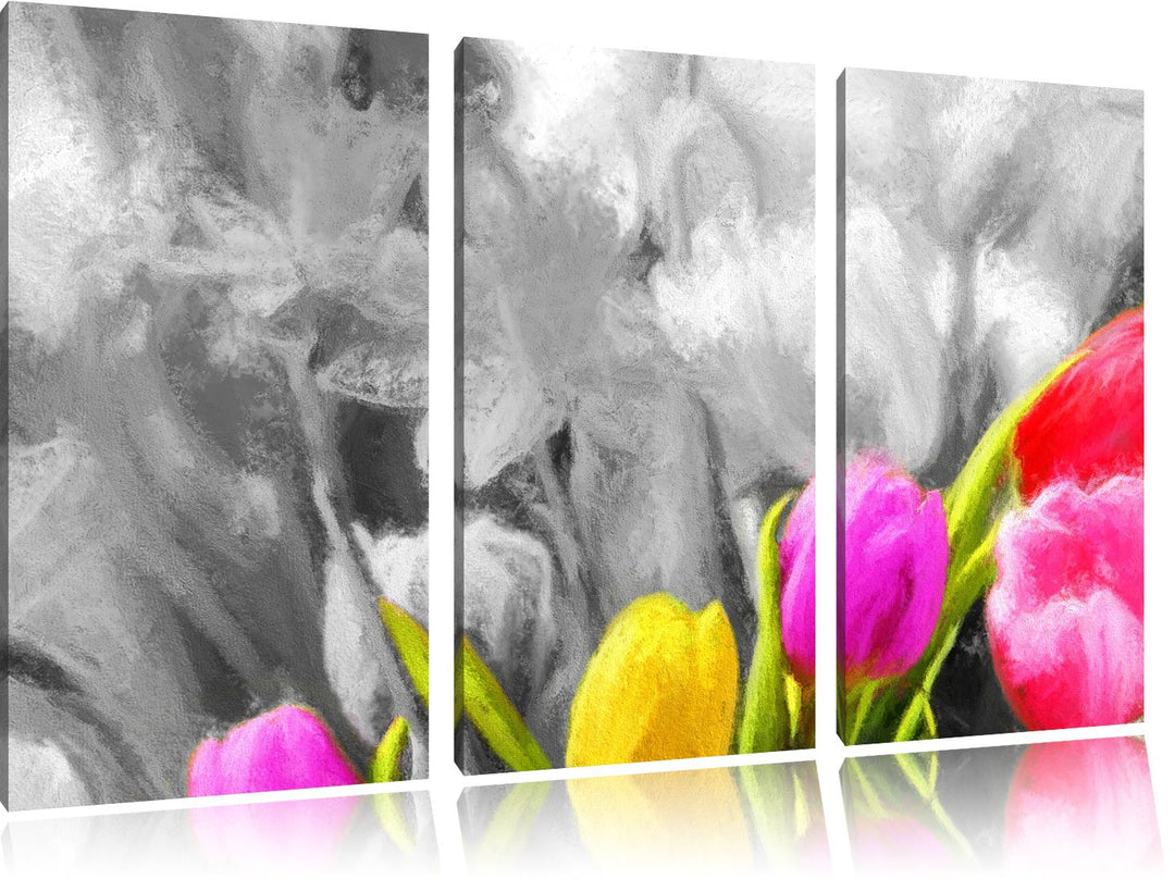 bunte Tulpen3-Teiler Leinwandbild 120x80 Bild auf Leinwand, XXL riesige Bilder fertig gerahmt mit Ke