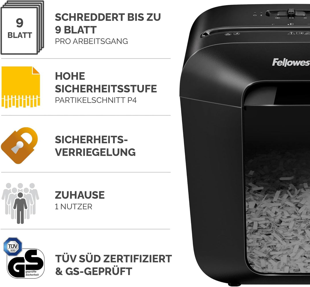 Fellowes Aktenvernichter 9 Blatt (P4), Papierschredder mit Partikelschnitt für Homeoffice, Powershre