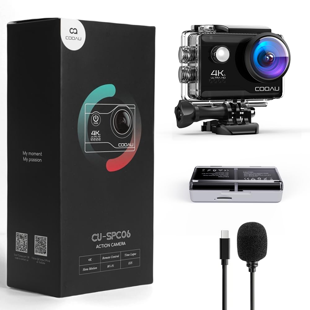 COOAU Action Cam HD 4K 20MP WiFi mit externem Mikrofon Unterwasserkamera 40M mit Fernbedienung Actio