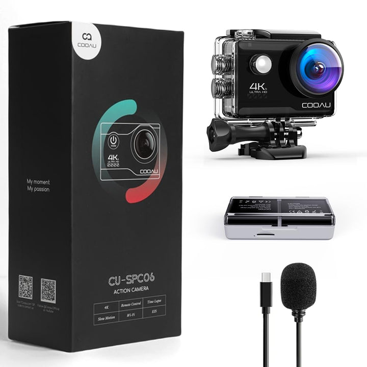 COOAU Action Cam HD 4K 20MP WiFi mit externem Mikrofon Unterwasserkamera 40M mit Fernbedienung Actio