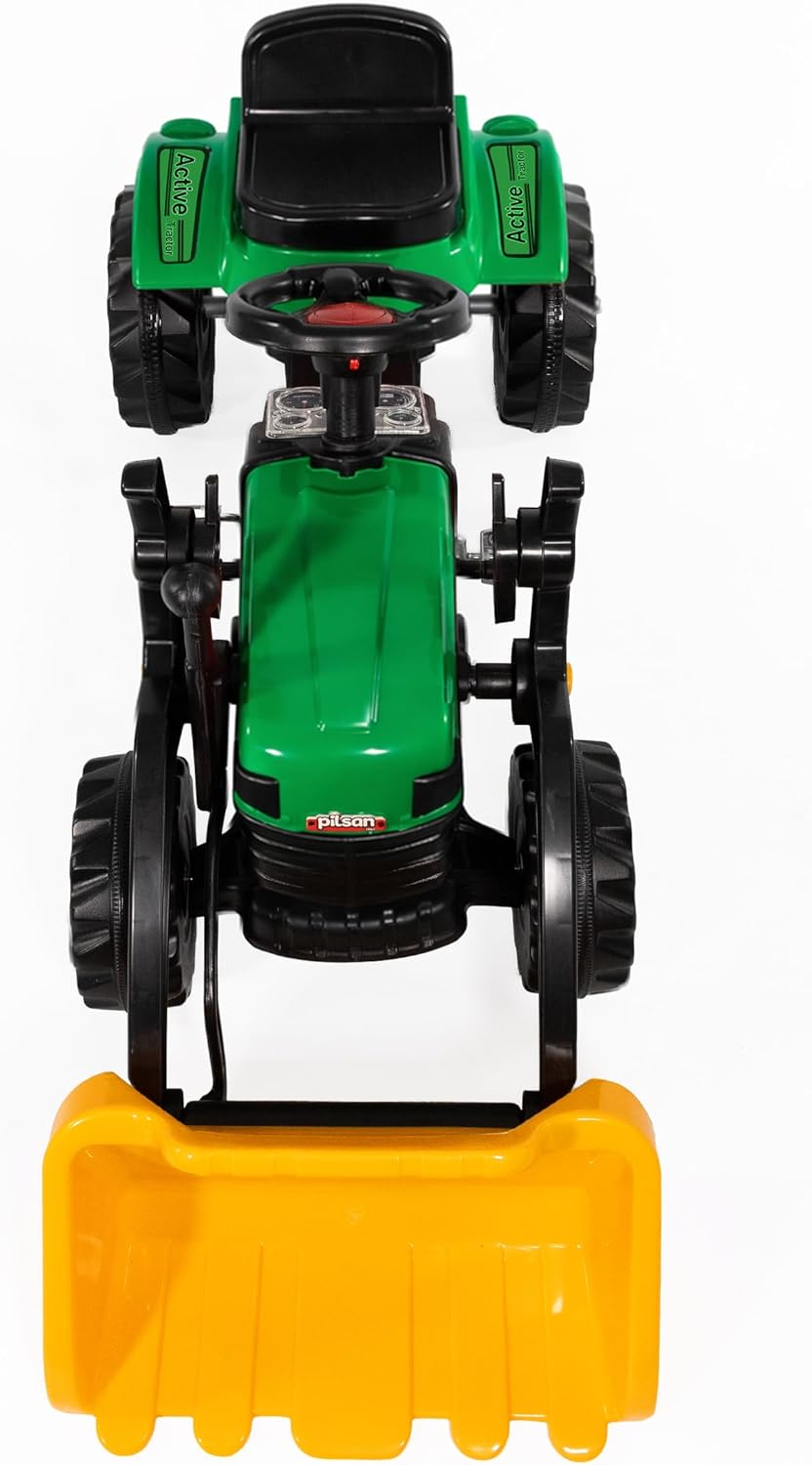 Lemodo Trettraktor grün mit Schaufel, Kindertraktor ab 3 Jahre, Verstellbarer Sitz, innenliegende Ke