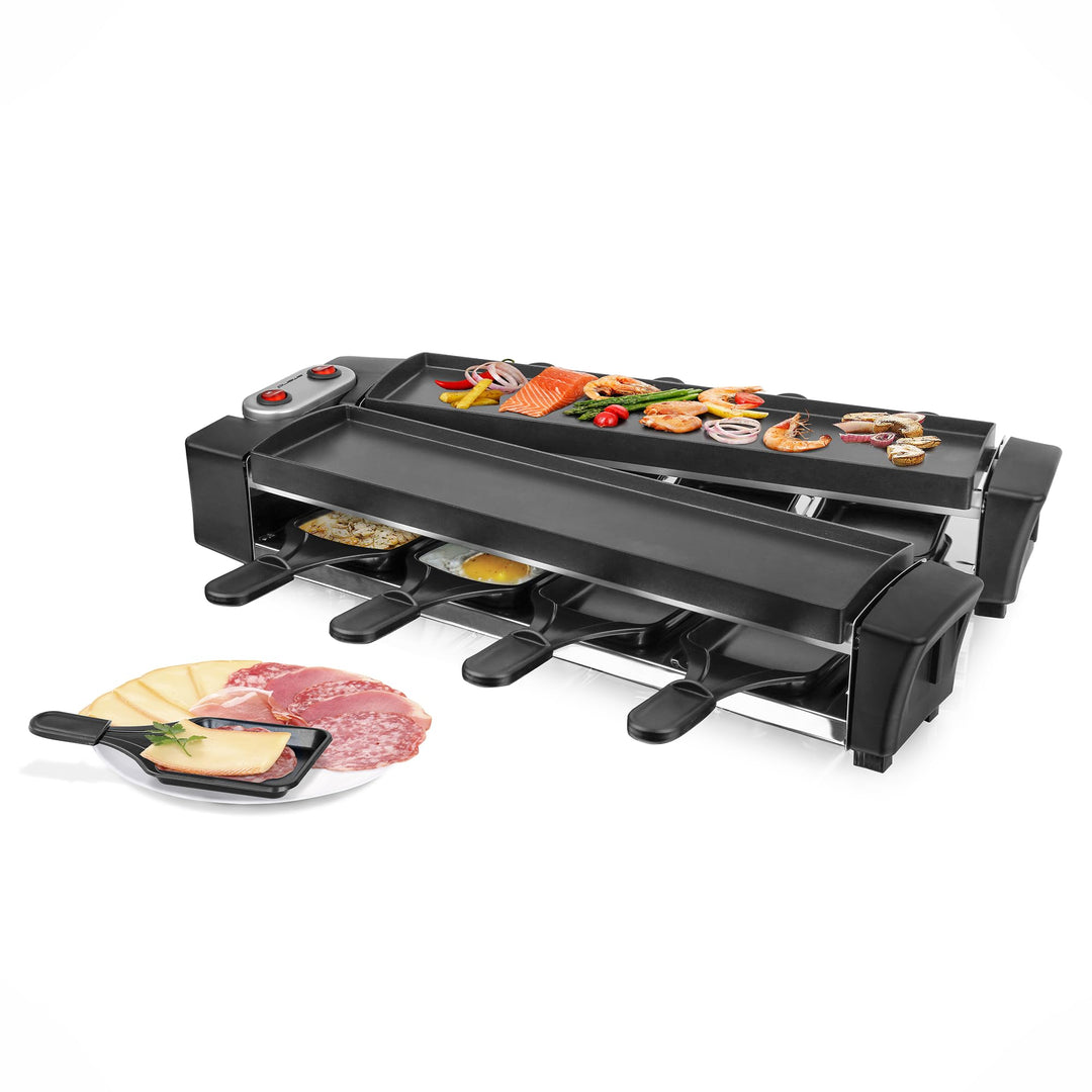EMERIO Raclette mit wertigen Druckguss-Platten | Gerät klappbar | 2x 40,6x10cm PFAS-freie Antihaftbe