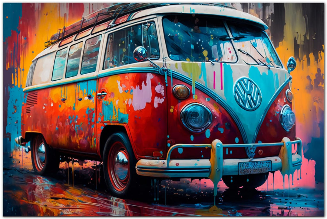 PRINTONIA Leinwandbild 120x80 cm Volkswagen VW-Bus Bulli T1 Transporter Oldtimer Abstrakt Art Automo