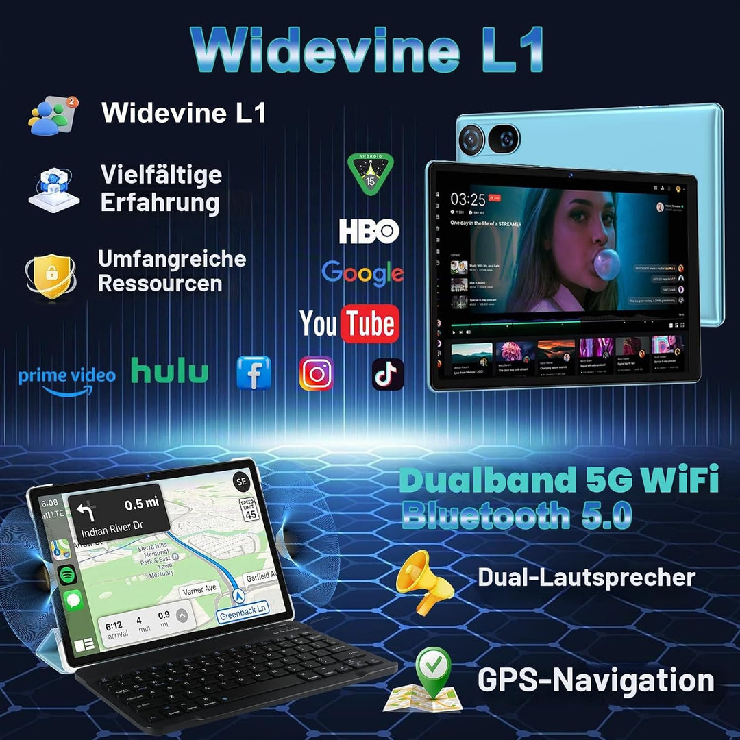 DMOAO Tablet 10 Zoll Android 15 mit Tastatur, Gemini AI, 30GB RAM + 64GB ROM (2TB Erweiterung), 5G W