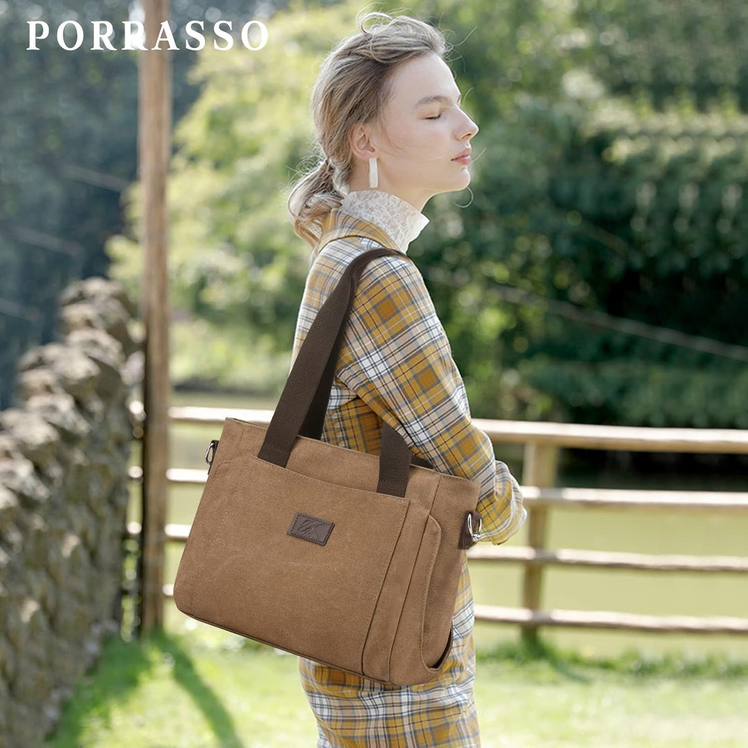 PORRASSO Damen Umhängetasche Segeltuch Handtasche Casual Schultertasche Hobotasche mit Mehreren Tasc