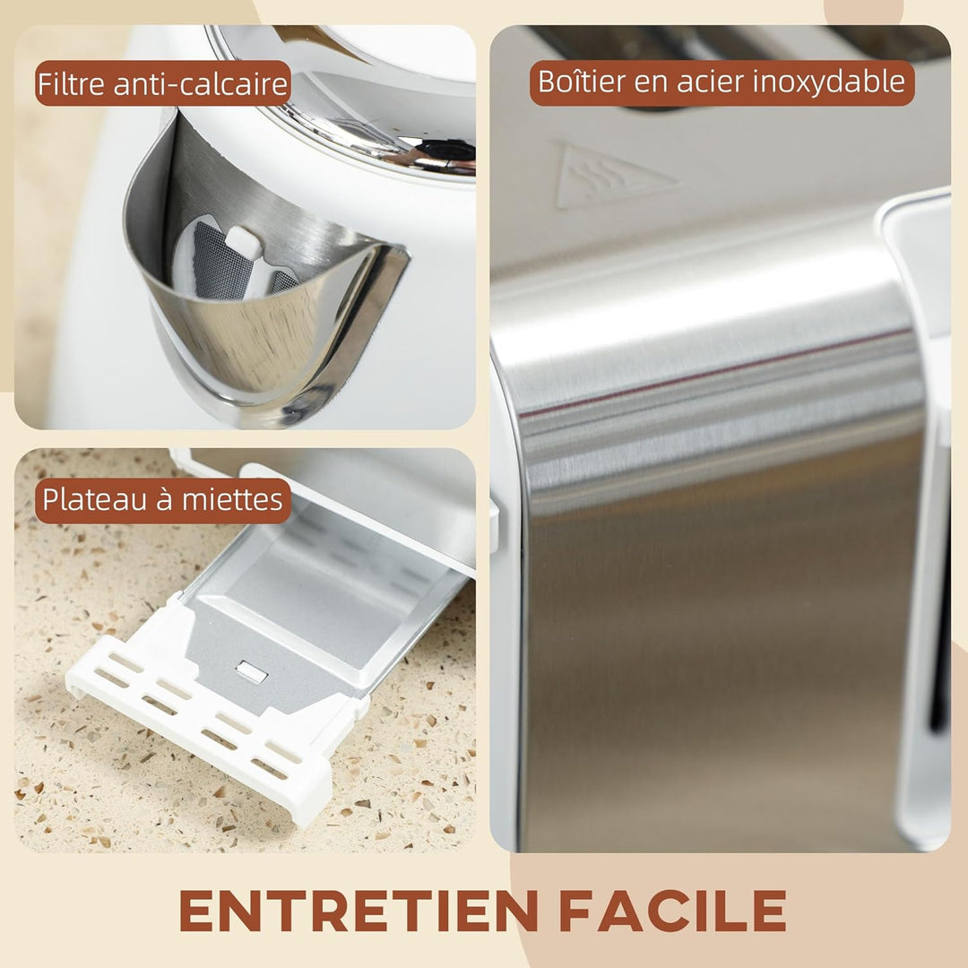 HOMCOM 2200W 1,7L Edelstahl Wasserkocher und Toaster Set mit 4-Scheiben-Toaster Schnellaufheizung, 7