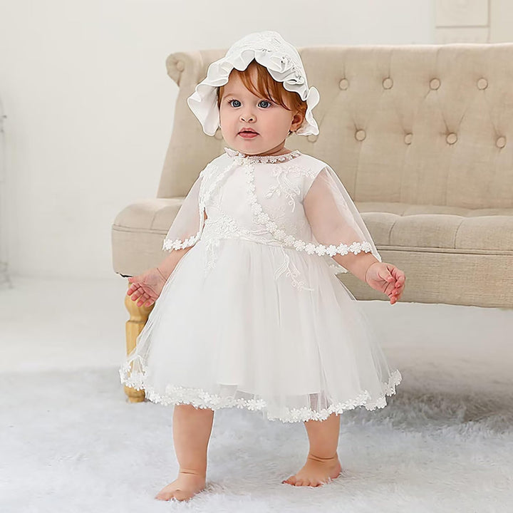 Baby Mädchen Weiss Taufkleid mit Haube Neugeborenen Taufe Kleid Spitzenkleid für Hochzeit Geburtstag