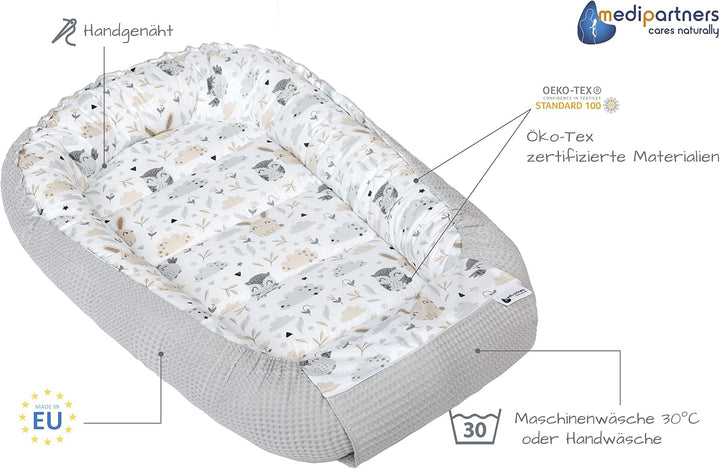 Medi Partners Babynest Kuschelnest Babynestchen 100% Baumwolle Waffle Nestchen Reisebett für Babys S