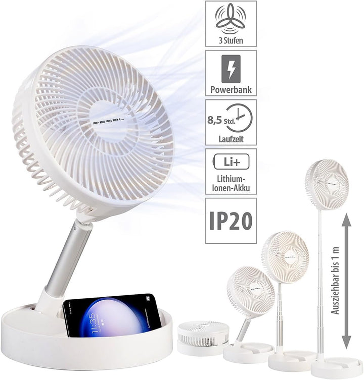 PEARL Akku Tischventilator: 2in1-Akku-Tisch- & Standventilator, ausziehbar bis 1 m, 8,5h, 4000 mAh (