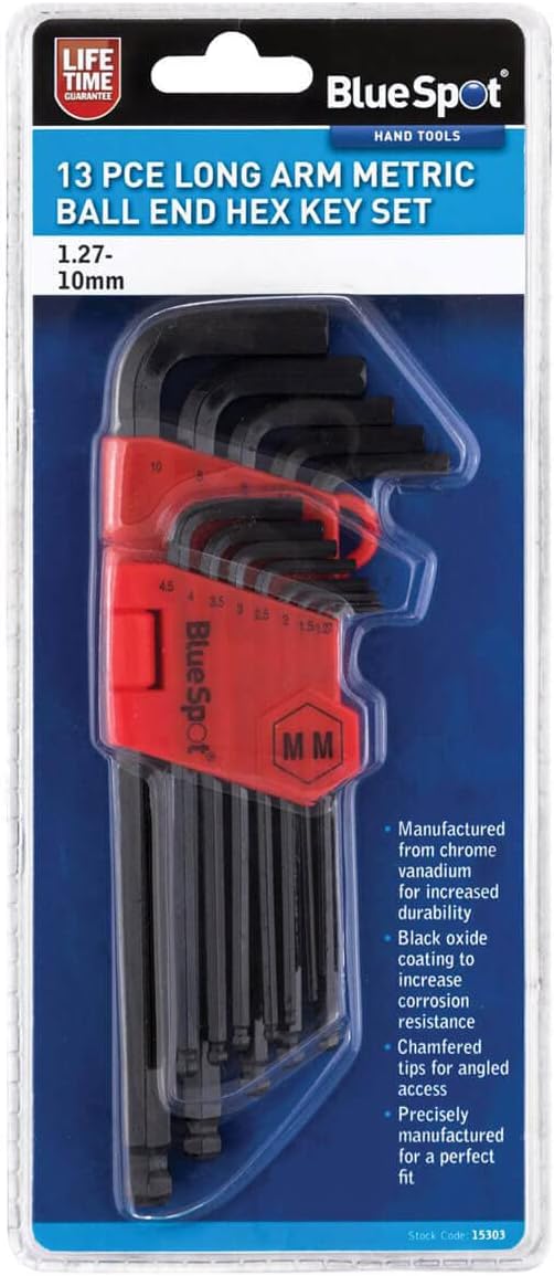 BlueSpot Tools 15303 Sechskantschlüssel-Set mit langem Arm, metrisch, Kugelkopf, 1,27-10 mm, 13-teil