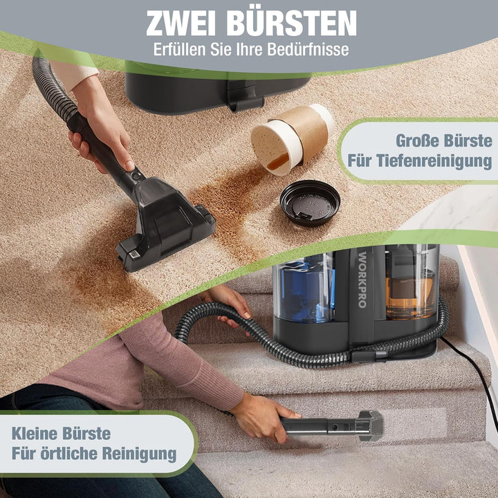 WORKPRO Waschsauger 450W 13kPa, Teppichreiniger 1,6L mit Reinigungsmittel und 2 Bürstenköpfe, Polste