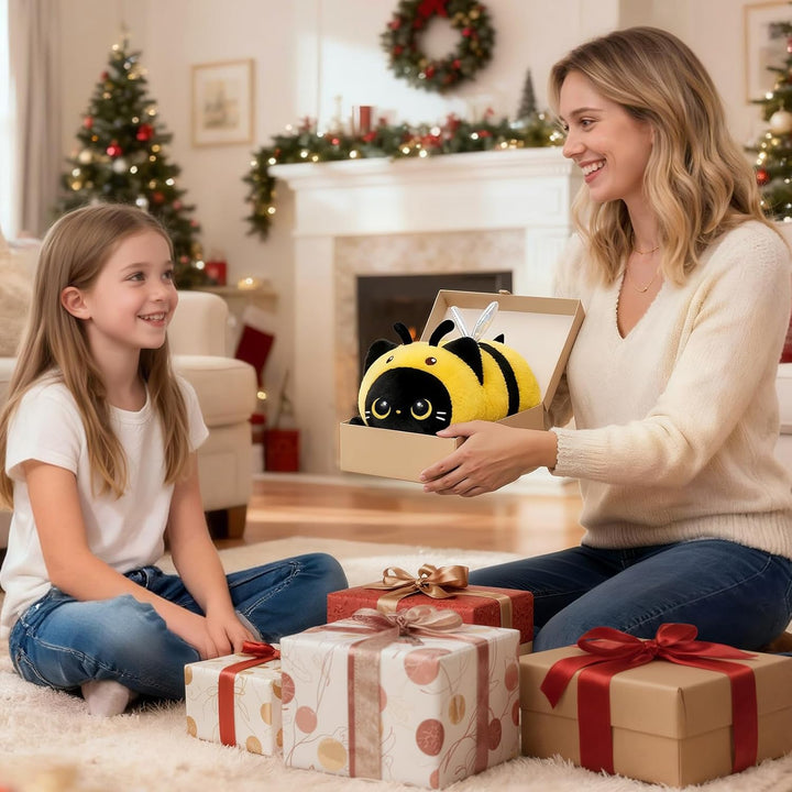 Mewaii Schwarze Katze Biene Plüschkissen 20CM Weiches Kawaii Kuscheltier für Kinder,Niedliches Katze