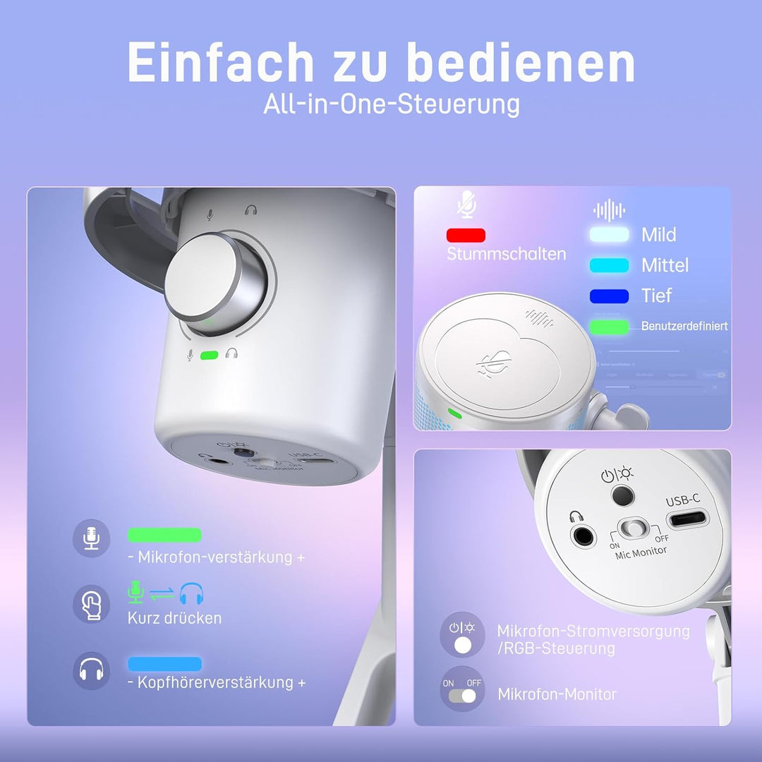 MAONO Mikrofon Kabellos für PC, Mikrofon PC mit Software-KI-Stimmänderung, 3-stufiger Rauschunterdrü