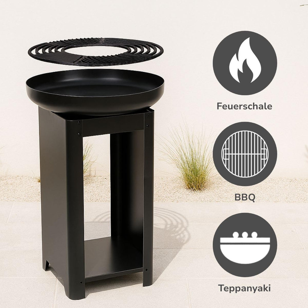 alpina 3-in-1 Feuerstelle und Grillplatte - Gartenkamin 61 x 90 cm - mit Teppanyaki-Grillplatte - Pl