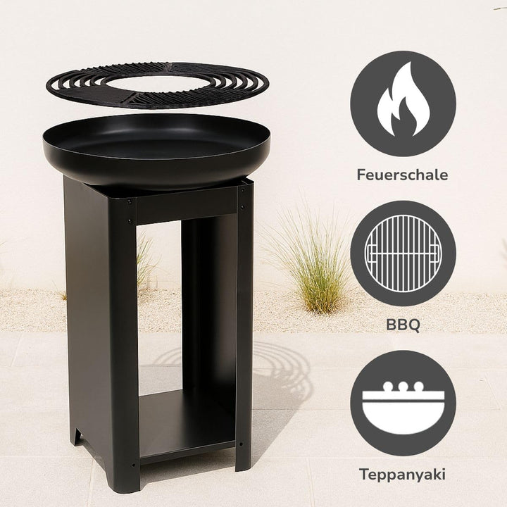 alpina 3-in-1 Feuerstelle und Grillplatte - Gartenkamin 61 x 90 cm - mit Teppanyaki-Grillplatte - Pl