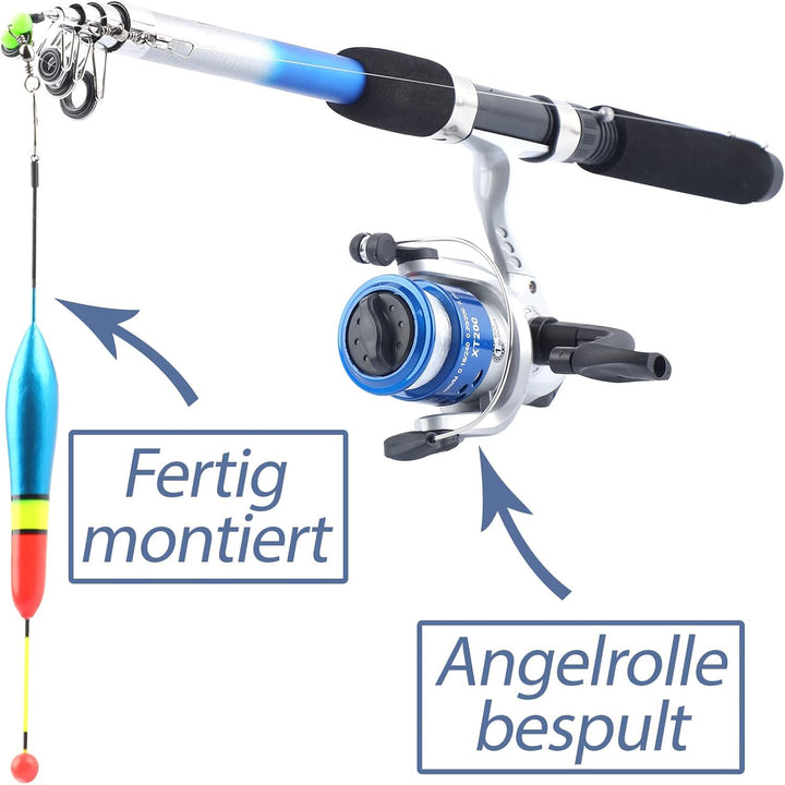 Q-Tac - Angelset für Kinder [Fertig montiert &amp; Angelrolle bespult] Teleskop-Angelrute 165 cm, Kinder