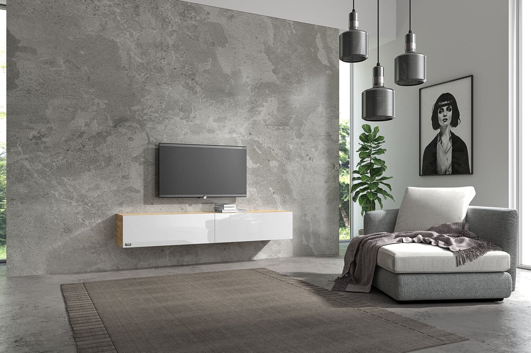 Wuun® TV Lowboard I 100cm-280cmI TV Board hängend Hängeschrank Wohnwand/Somero/Eiche 160 Eiche / Wei