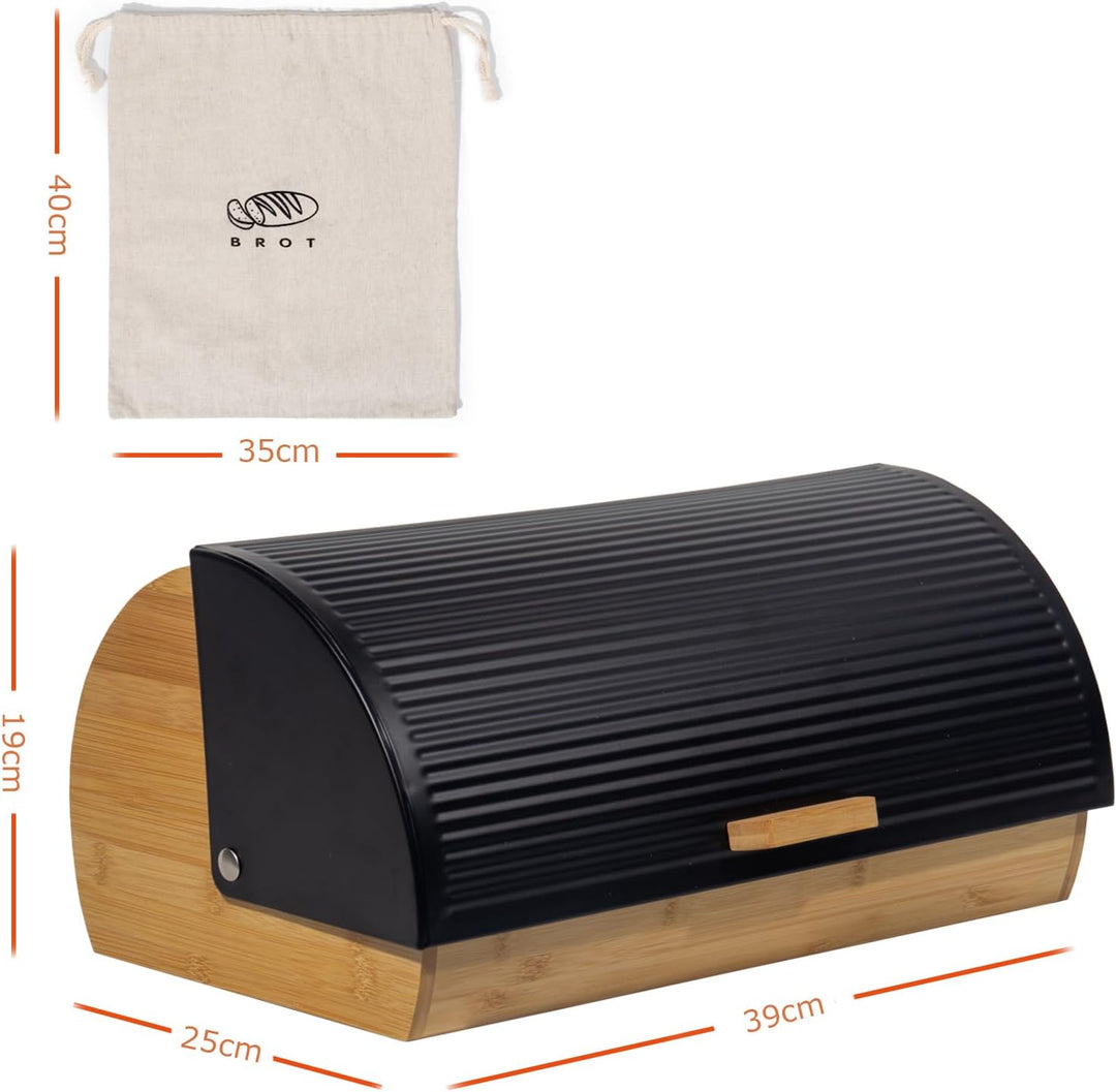 Brotkasten Metall Holz, Brotbox Schwarz, Brot Aufbewahrungsbox gross, Brotkorb mit Deckel, Bread Box