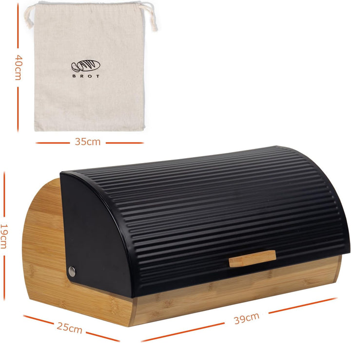 Brotkasten Metall Holz, Brotbox Schwarz, Brot Aufbewahrungsbox gross, Brotkorb mit Deckel, Bread Box