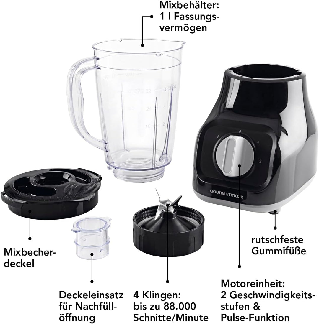 GOURMETmaxx Standmixer mit 4 Edelstahlklingen, 2 Geschwindigkeiten & Pulse-Funktion I Mixbehälter ge