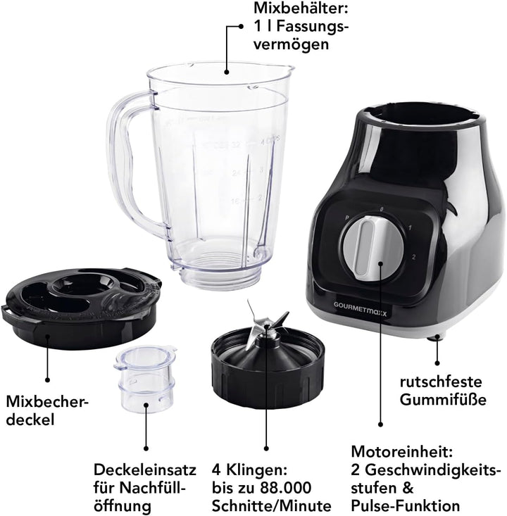 GOURMETmaxx Standmixer mit 4 Edelstahlklingen, 2 Geschwindigkeiten & Pulse-Funktion I Mixbehälter ge