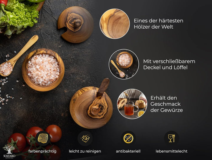 SOLTAKO edle Zuckerdose - Salzdose mit Deckel aus exklusivem Olivenholz – Aufbewahrungsdose - Vorrat