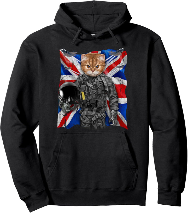 Orange Katze als Kampfpilot mit Union Jack Flagge Pullover Hoodie