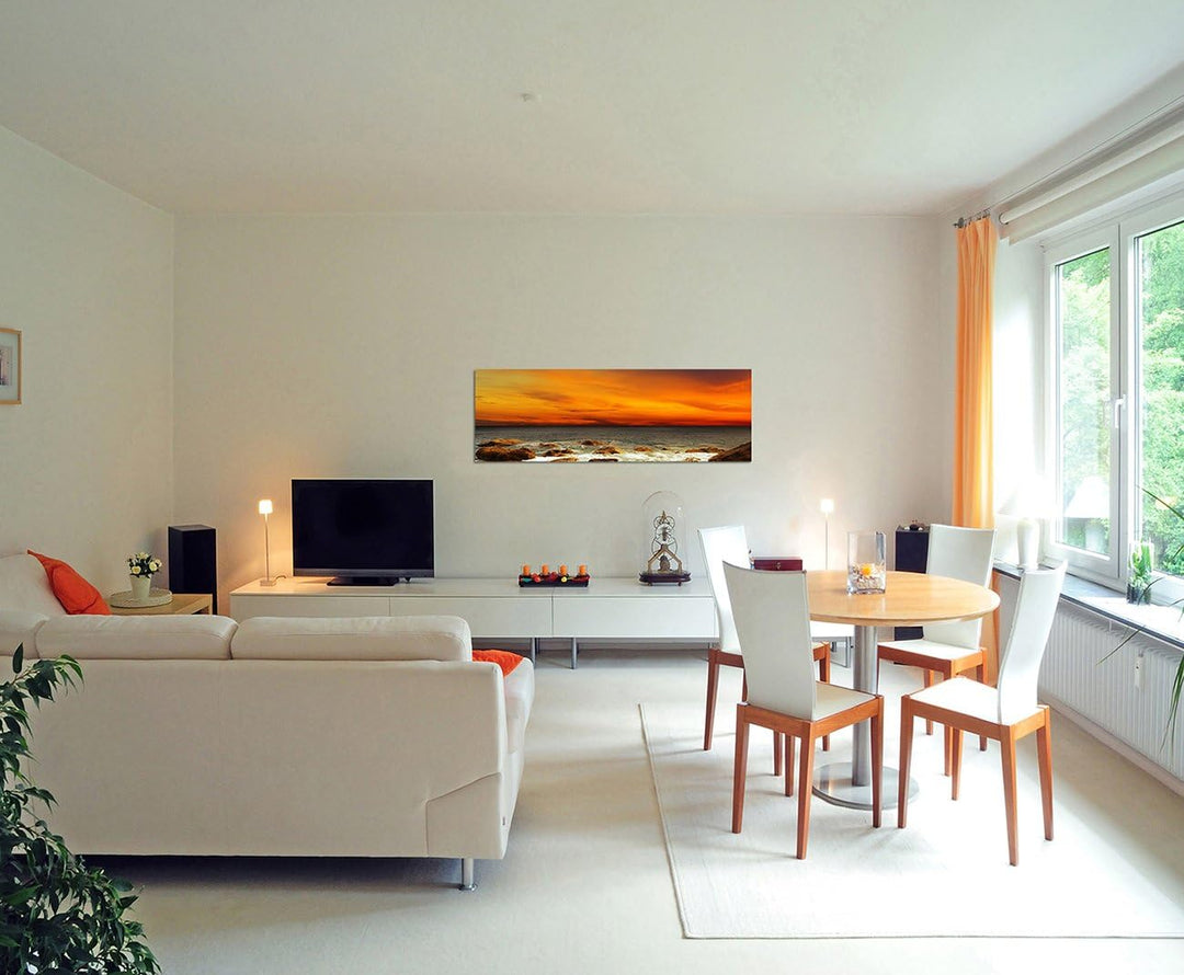 Paul Sinus Art Panoramabild auf Leinwand und Keilrahmen 150x50cm Meer Steine Felsen Abendrot Landsch