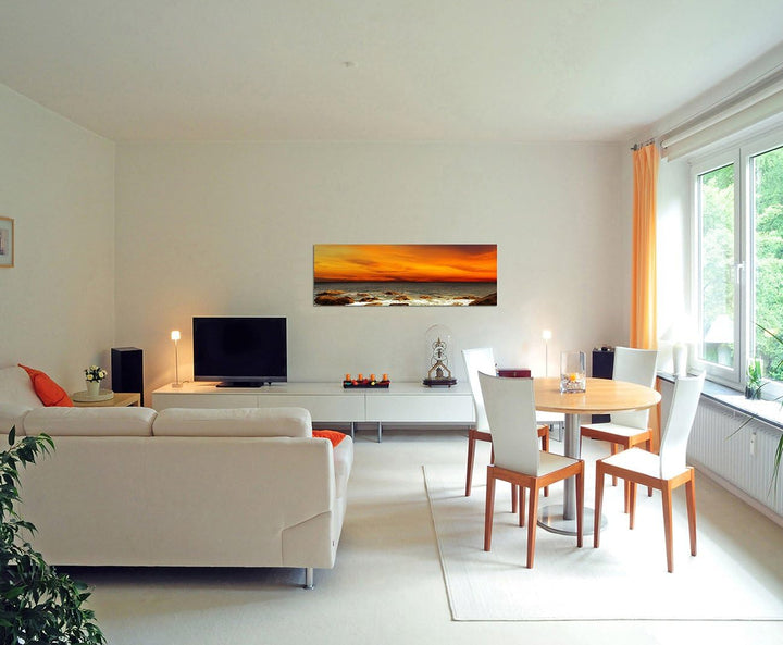 Paul Sinus Art Panoramabild auf Leinwand und Keilrahmen 150x50cm Meer Steine Felsen Abendrot Landsch