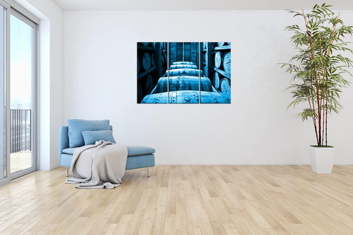 deyoli riesige Fässer in Brennerei Format 120x80 3Teilig Effekt: Monocrome Blau als Leinwandbild, Mo