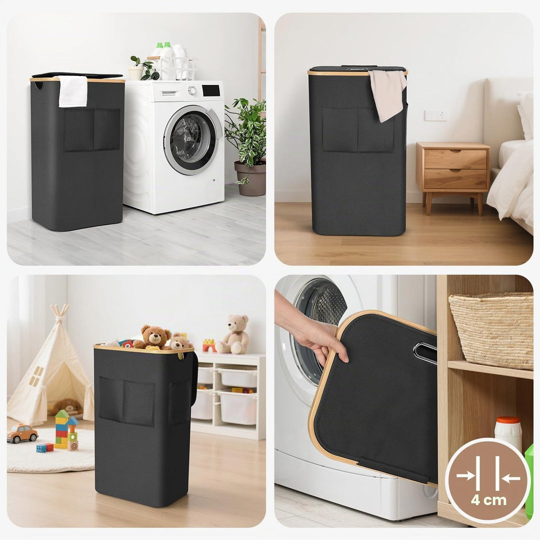 OUSFOT Wäschekorb mit Deckel 105L, Wäschesammler mit Griffen aus Bambus, Laundry Basket Wasserdicht