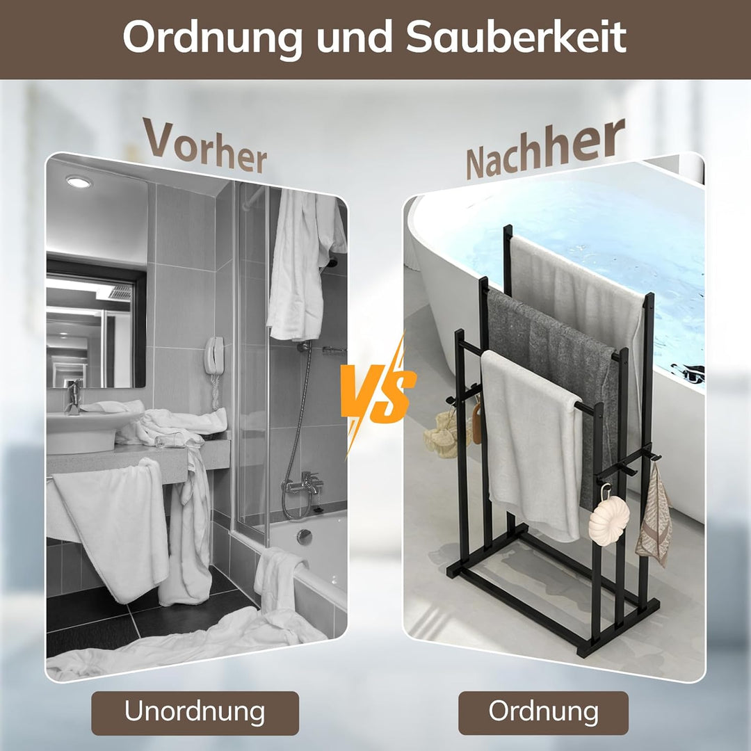 Handtuchhalter Stehend mit 3 Stangen und Haken, Handtuchleiter aus Stahl, Badetuchhalter für Badezim