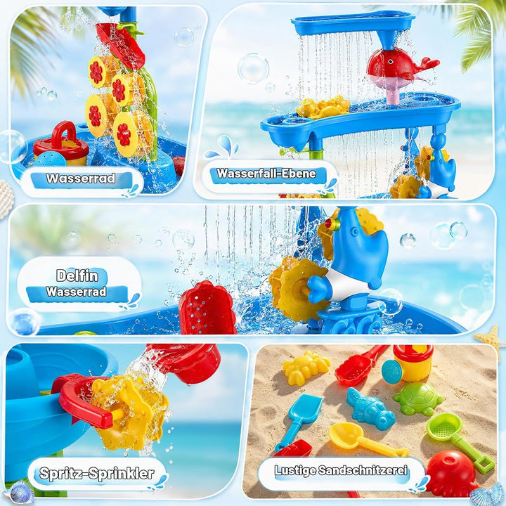 3-Stufiger Sand- und Wasser-Spieltisch für Kleinkinder, Wasserspieltisch Outdoor mit Regen-Effekt &amp;