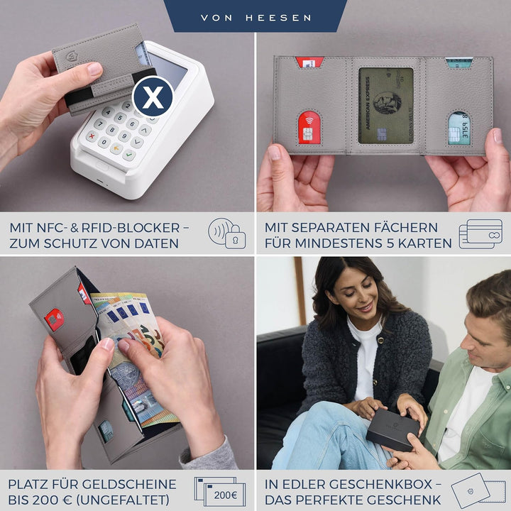 VON HEESEN Slim Wallet mit Münzfach & RFID-Schutz - Leder Geldbeutel - Mini Geldbörse für Herren und
