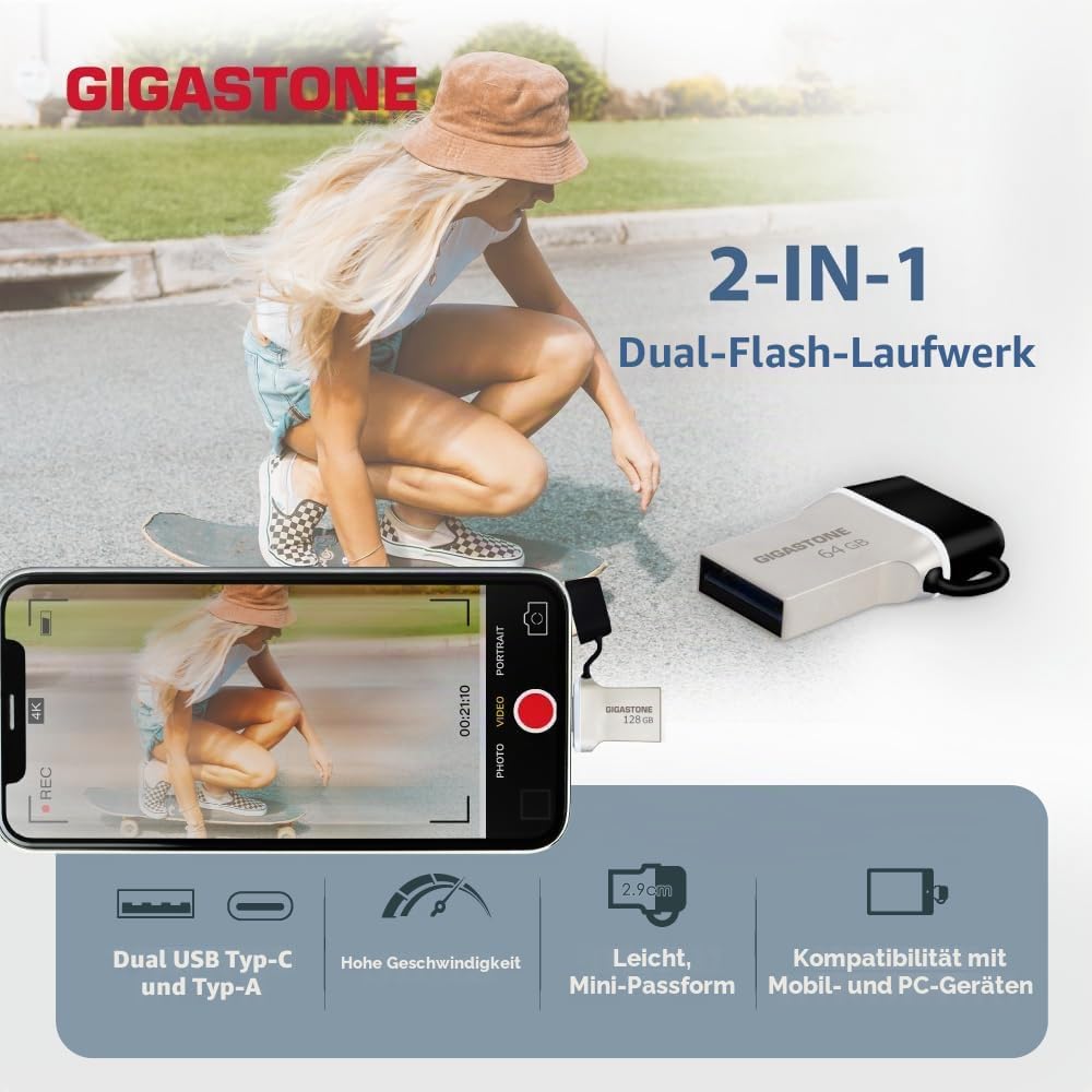 GIGASTONE 128GB Nano Luxus Dual-Laufwerk (2 Stück) Z50 USB 3.2 Gen 1, 2-in-1 Type-A & Type-C, 100MB/