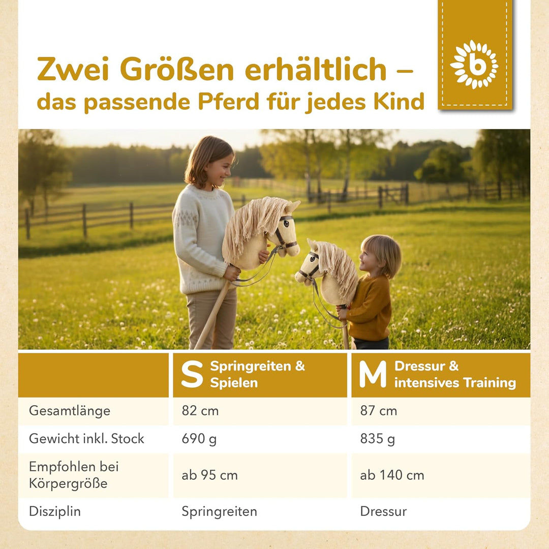 Bieco Hobby Horse Steckenpferd Beige - Grösse S, mit Trense | Abnehmbarer Stock &amp; Schweif, für Sprin