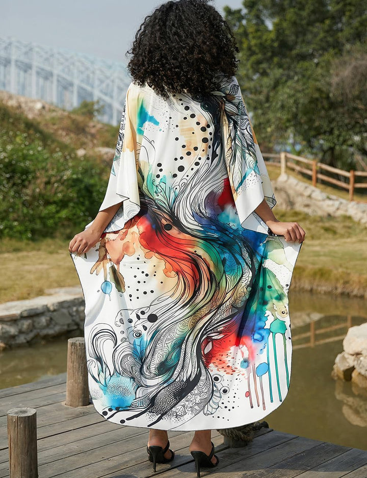 Bsubseach Damen Ethnic Print Kaftan Beach Dress Plus Size Strandkleid Abstrakter Druck, Abstrakter D