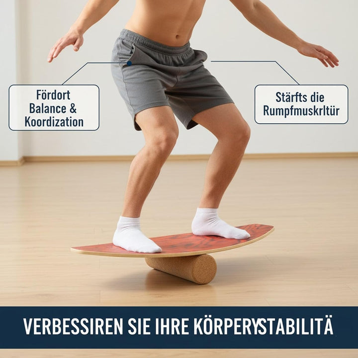 Balance Board aus Holz, Balancebrett mit Korkrolle, 8 Holzschichten, Trainingsgerät für Gleichgewich