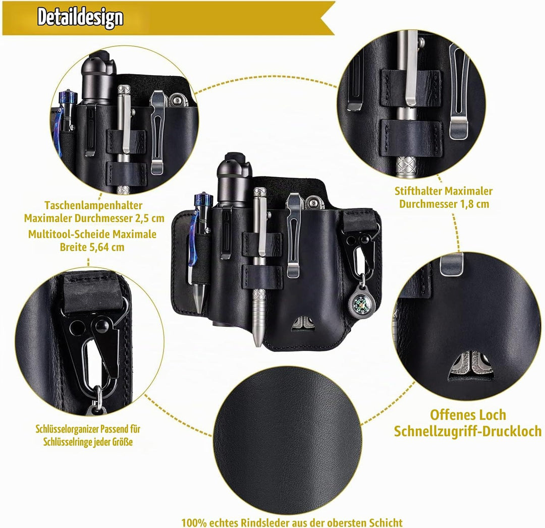 VIPERADE PJ35 EDC Lederscheide Multitool Scheide mit 3 Taschen, Werkzeuge Holster Messer Gürtelschei