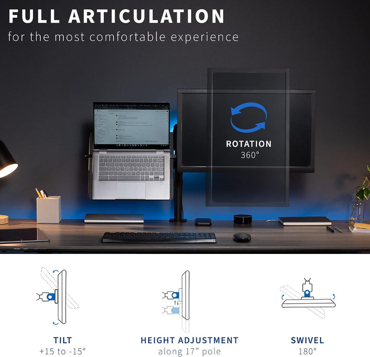 VIVO Voll einstellbare Einzel Computer-Monitor und Laptop-Schreibtischhalter Combo schwarz Ständer m