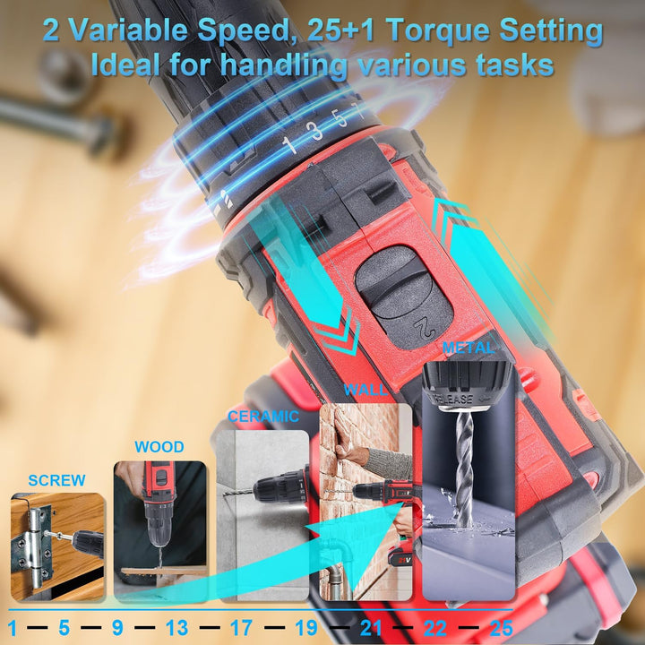 VANBAR Akkuschrauber, Drehmoment auf 25+3 Stufen Bohrmaschine Schrauber Set, 21V, 45Nm max, Schlagbo