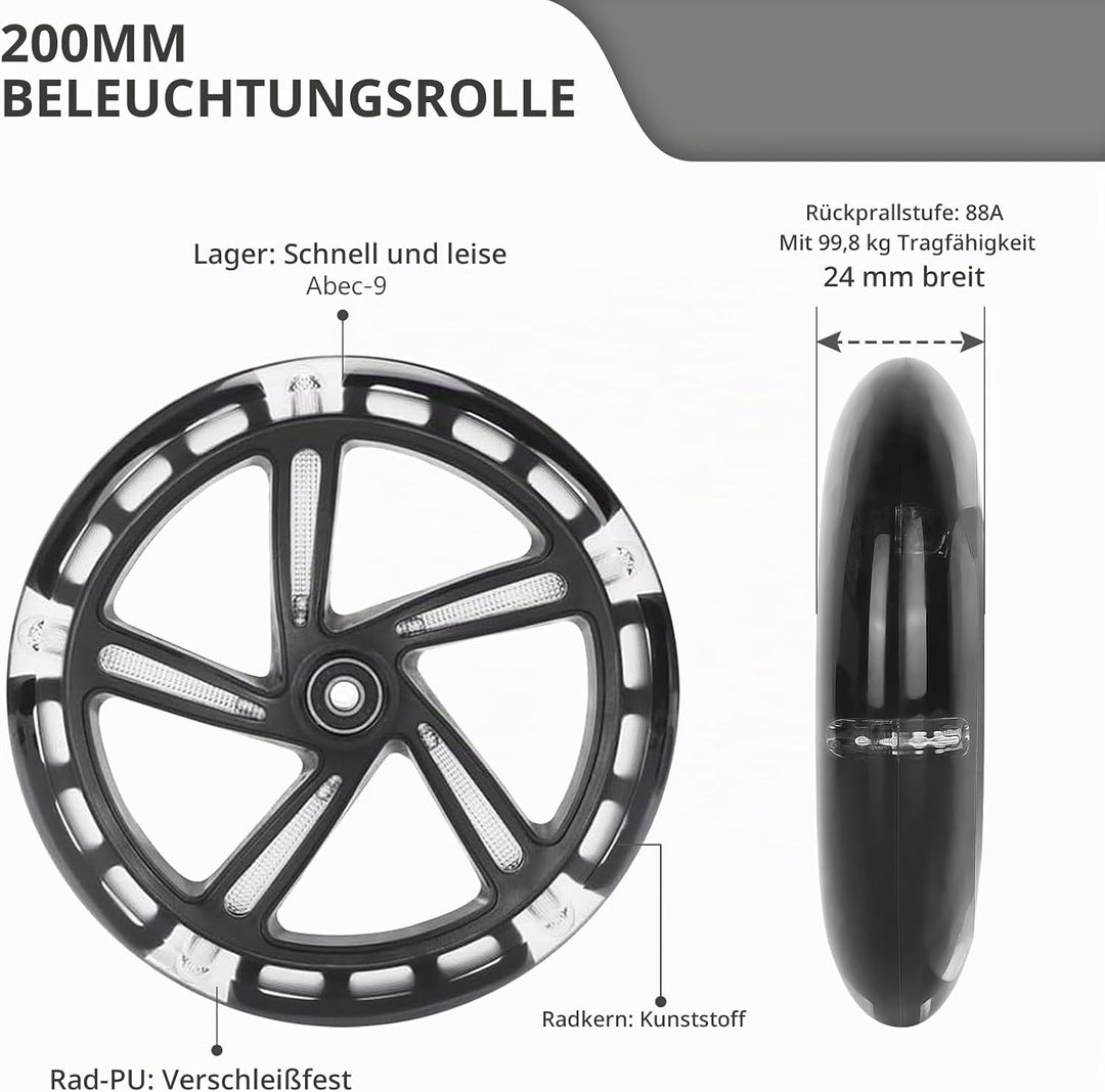 Leuchtende Stunt Scooter Rollen 2 Stück, 200mm LED Scooter Ersatzräder Räder, LED-Lichtrollen Mit AB