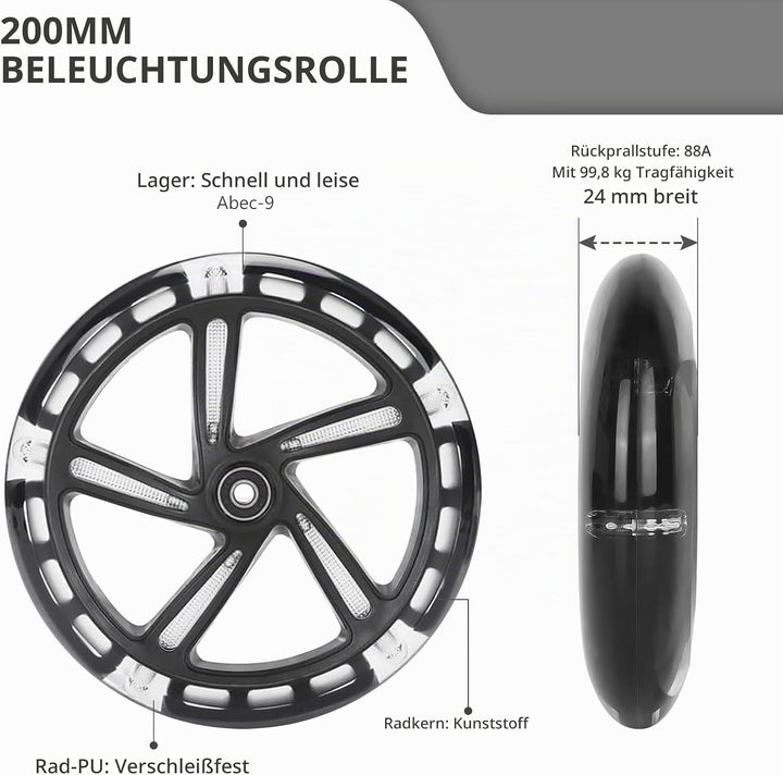 Leuchtende Stunt Scooter Rollen 2 Stück, 200mm LED Scooter Ersatzräder Räder, LED-Lichtrollen Mit AB