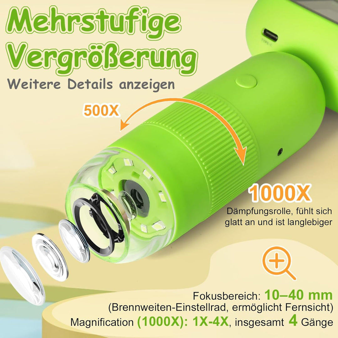 Mucek Handy Mikroskop für Kinder, 1000X Mikroskop Kinder, 2,0" IPS-Bildschirm Taschenmikroskop, 2MP