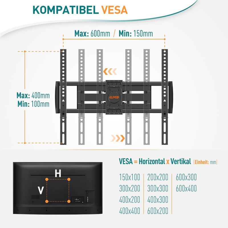 ELIVED Schwenkbare Neigbare TV Wandhalterung für 37-70 Zoll LED, LCD, OLED, Plasma TVs (Flach & Curv